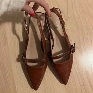 Brown Leather Pointed Toe Kitten Heels with cute strap detail